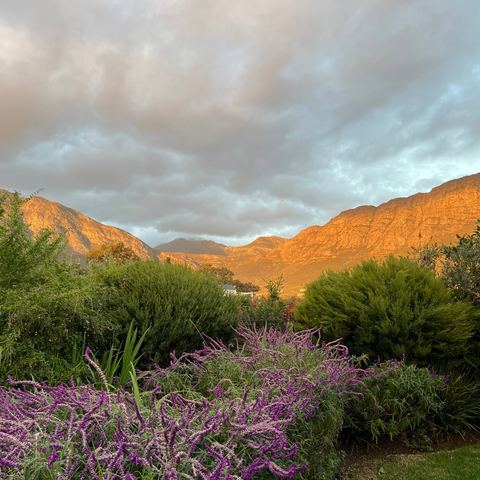 Sunset over the mountains from the garden